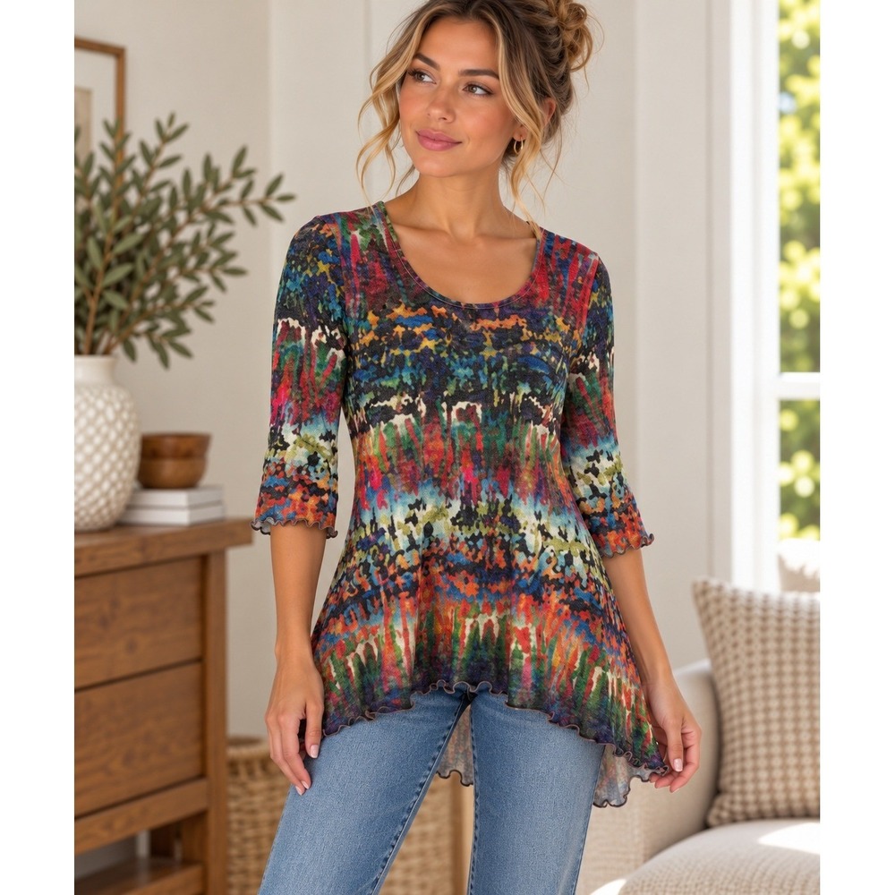 Amma Made in LA Abstract Multi-Color High-Low Lettuce Edge Tunic Top Womens S
